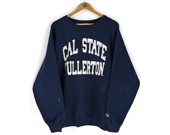 Vintage men's CHAMPION Cal State Fullerton faded navy blue sweatshirt Size L XL college style