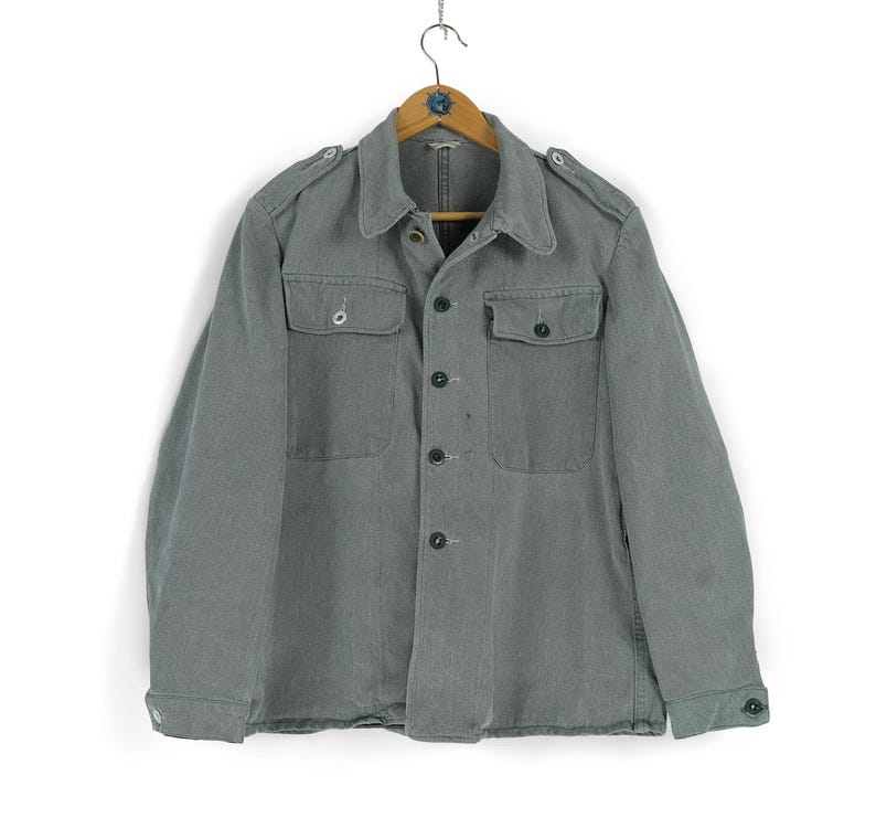 60s 70s Vintage Swiss Army Prison Gray Selvedge Distressed Jacket Size ...