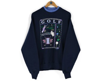 90s Vintage unisex Golf by Morning Sun navy blue crewneck sweatshirt Size M L golf print jumper made in USA