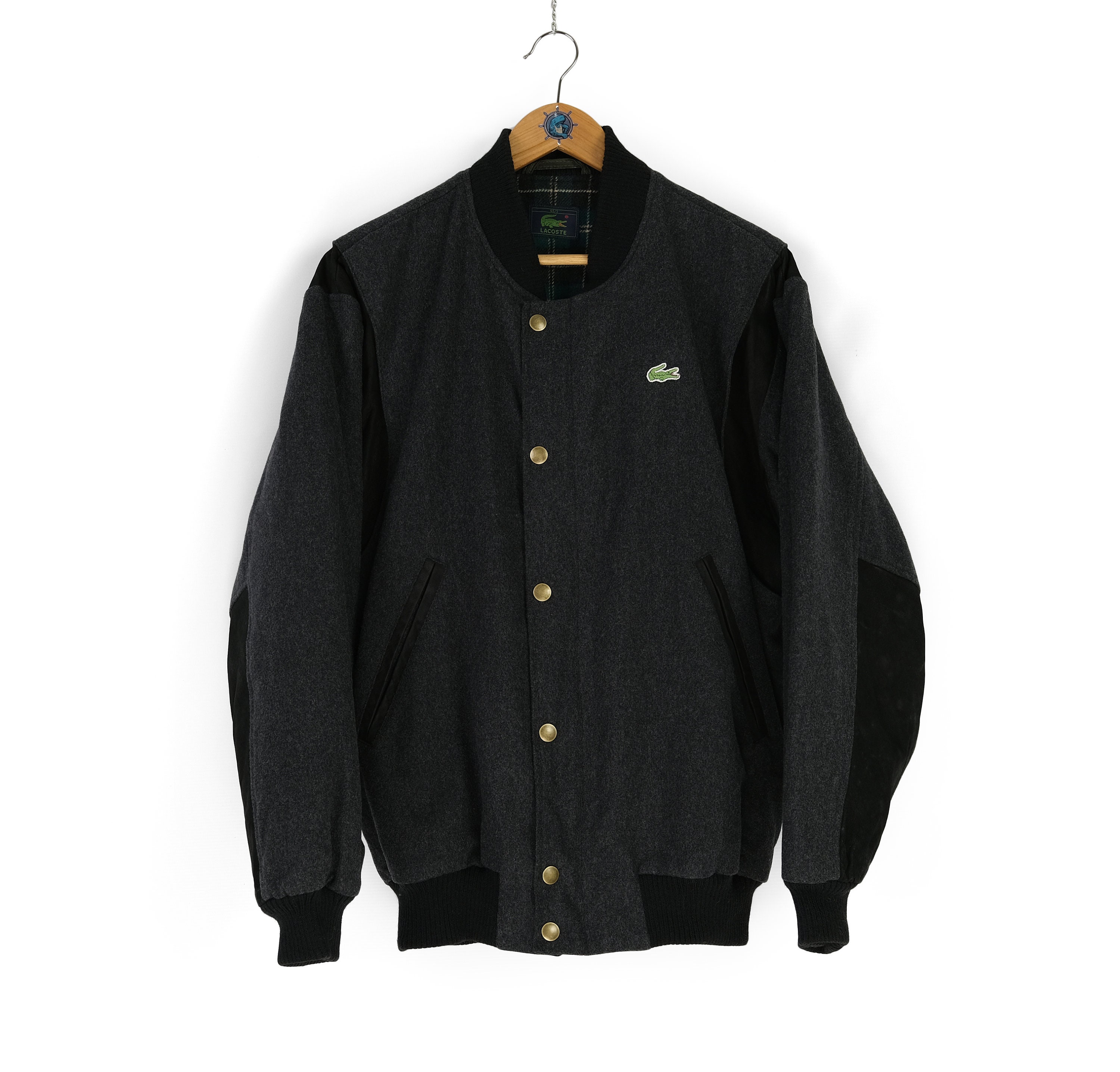 90s Vintage Men's LACOSTE Gray Wool Leather Bomber Size 50/3 90s Vintage Men's LACOSTE Gray Wool Leather Bomber Size 50/3