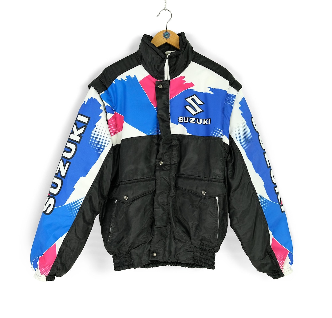 Vintage SUZUKI Black Removable Sleeves Nylon Jacket Size M 80s