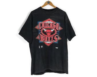T-shirt vintage rara da uomo CHICAGO BULLS Home Game nera sbiadita degli anni '90 Taglia L XL basket retrò