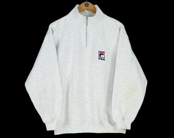 Felpa grigia vintage FILA con cerniera a un quarto, taglia S, maglione basic, abbigliamento sportivo anni '90