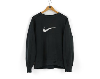 00s Vintage hombre NIKE centro swoosh sudadera de cuello redondo negro descolorido Tamaño L jersey desgastado