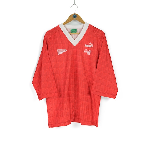 80s 90s Rare Vintage PUMA V-neck Red T-shirt Size M L Retro Soccer