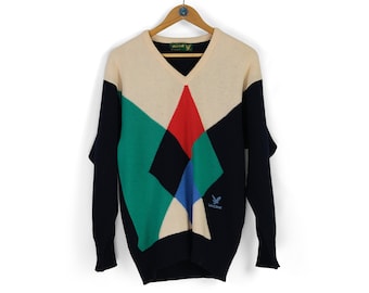 Lata 80. 90. Vintage męski sweter LYLE & SCOTT w kratkę, wełniany sweter z dekoltem w kształcie litery V, rozmiar 40\102 cm, strój do gry w golfa w stylu retro, wyprodukowany w Szkocji