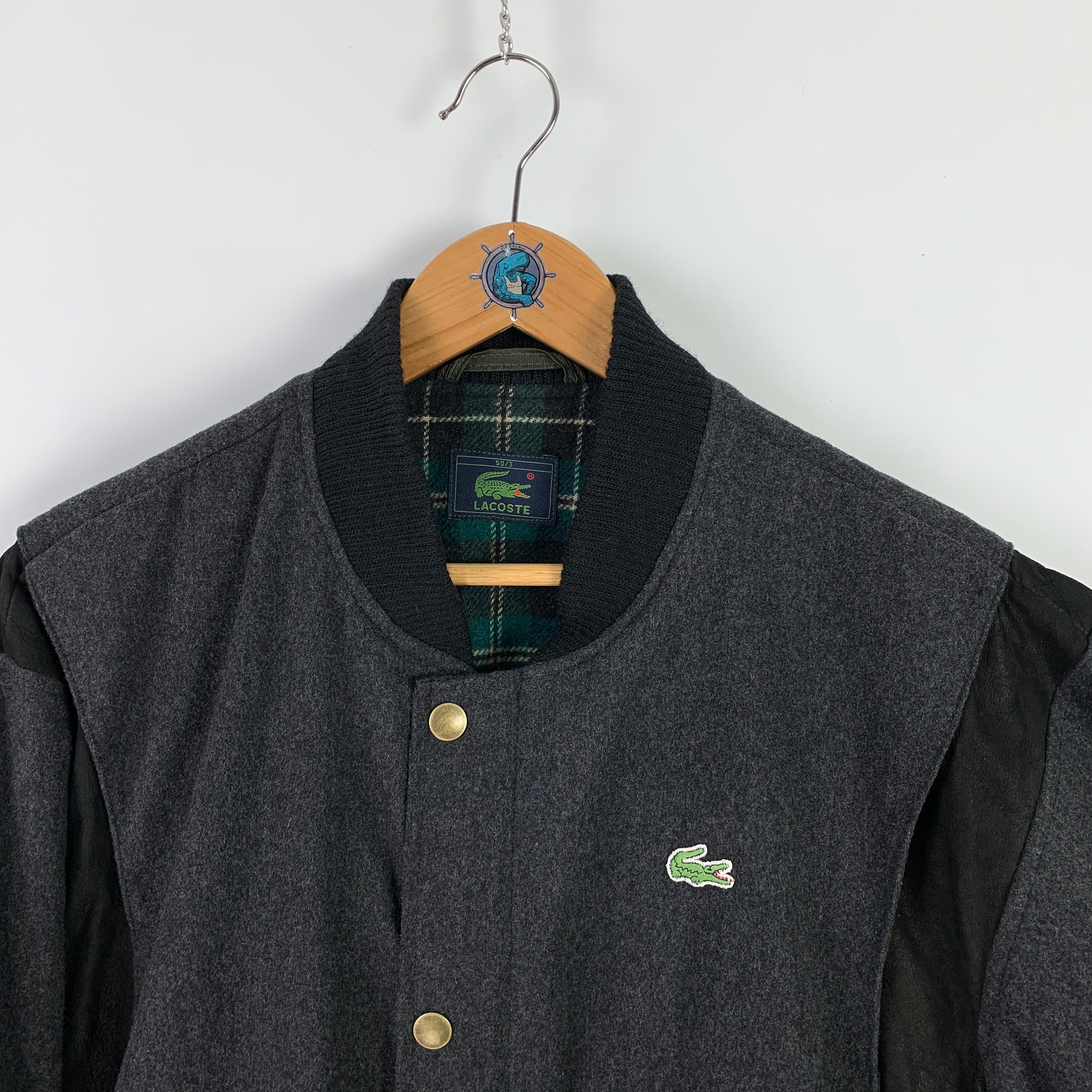 90s Vintage Men's LACOSTE Gray Wool Leather Bomber Size 50/3 90s Vintage Men's LACOSTE Gray Wool Leather Bomber Size 50/3