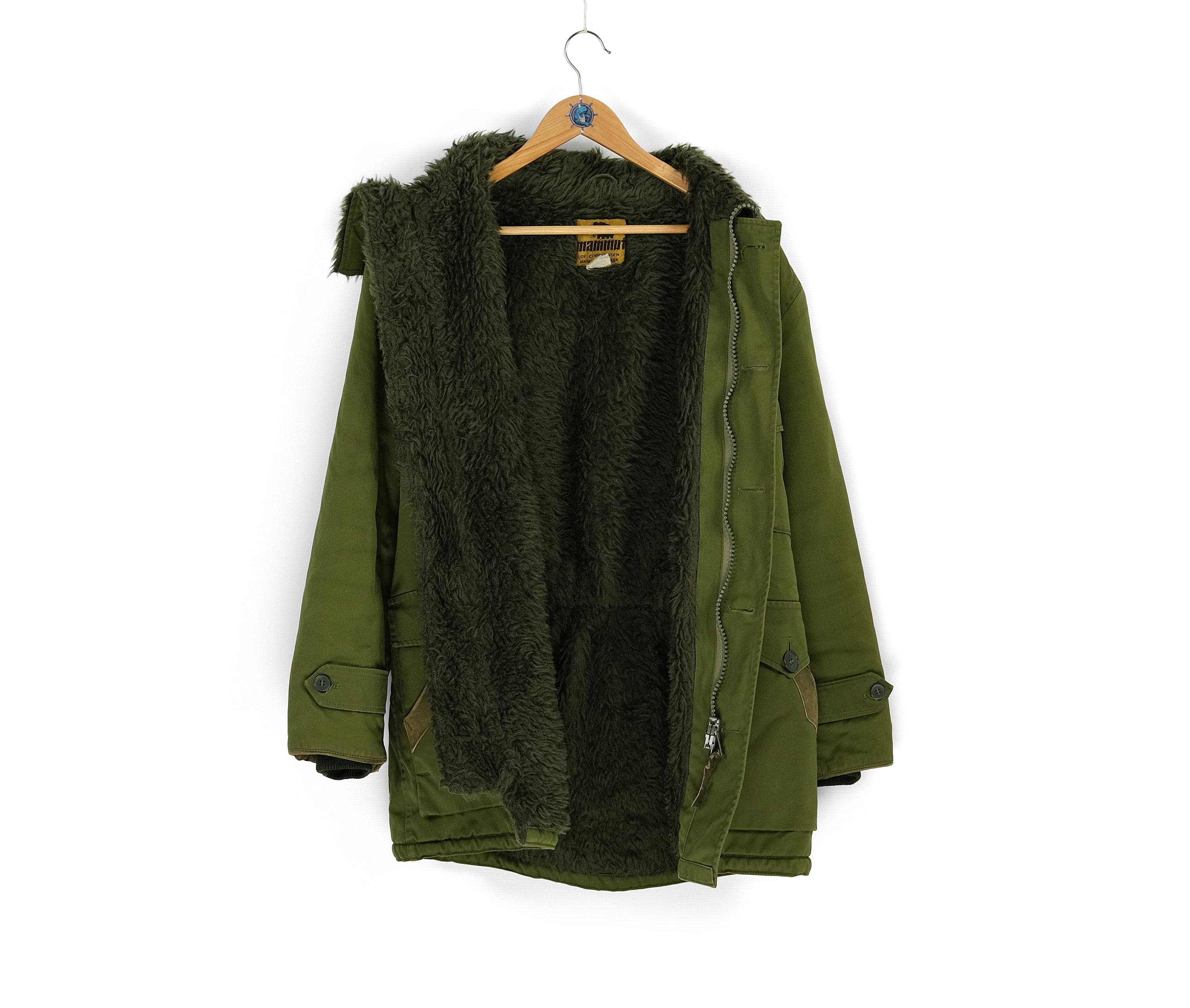 80s Rare Vintage MAMMUT Green Khaki Sherpa Parka Coat Jacket