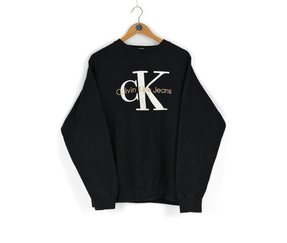 Pullover Size Etsy Faded Vintage Oversized Black Logo CALVIN KLEIN Center Jeans L Men\'s Sweatshirt -