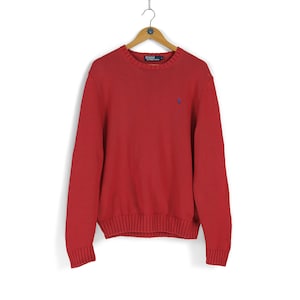 Vintage men&#39;s RALPH LAUREN red cotton crewneck sweater Size L old money knit pullover