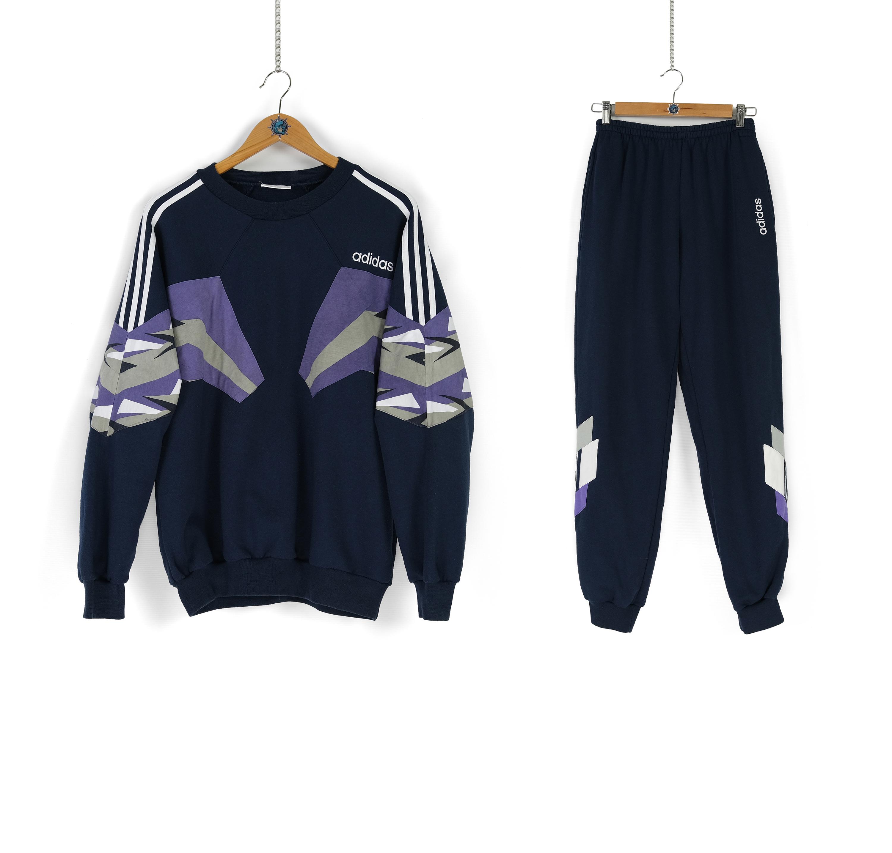 Vintage ADIDAS cotton tracksuit Size S M navy blue sweatshirt + pants 90s sportswear