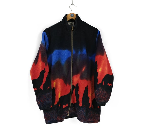 Vintage JACQUES LORANT Fleece Wolf Nature Pattern Size M L Full