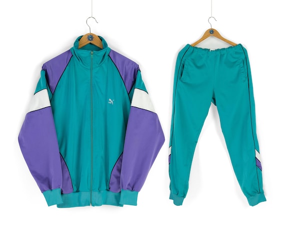 80s 90s Rare Vintage Men's PUMA Green Purple Multicolor Tracksuit