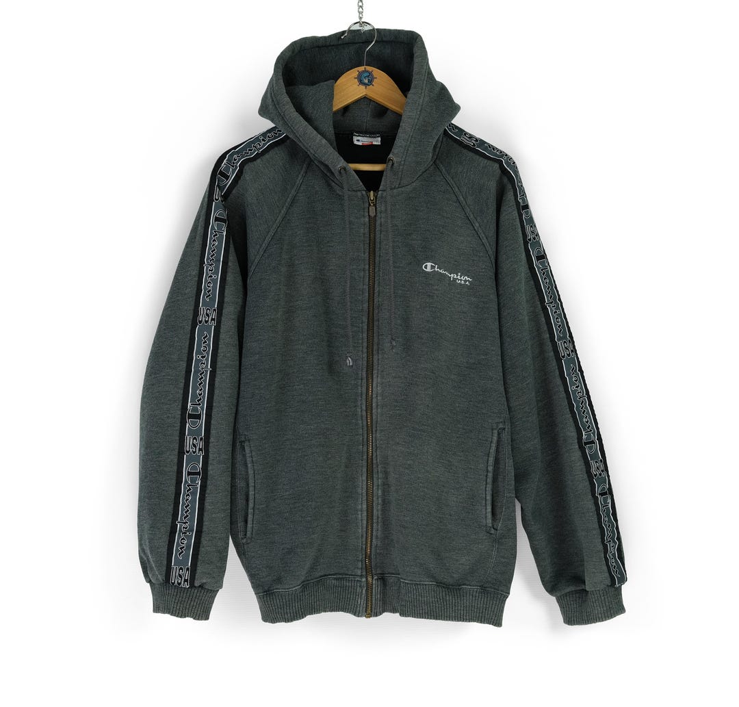 Vintage Men's CHAMPION USA Side Tape Logo Faded Gray Full Zip