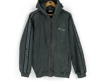 Vintage Champion Green Zip-up Hoodie With Grey Lining Comfortable