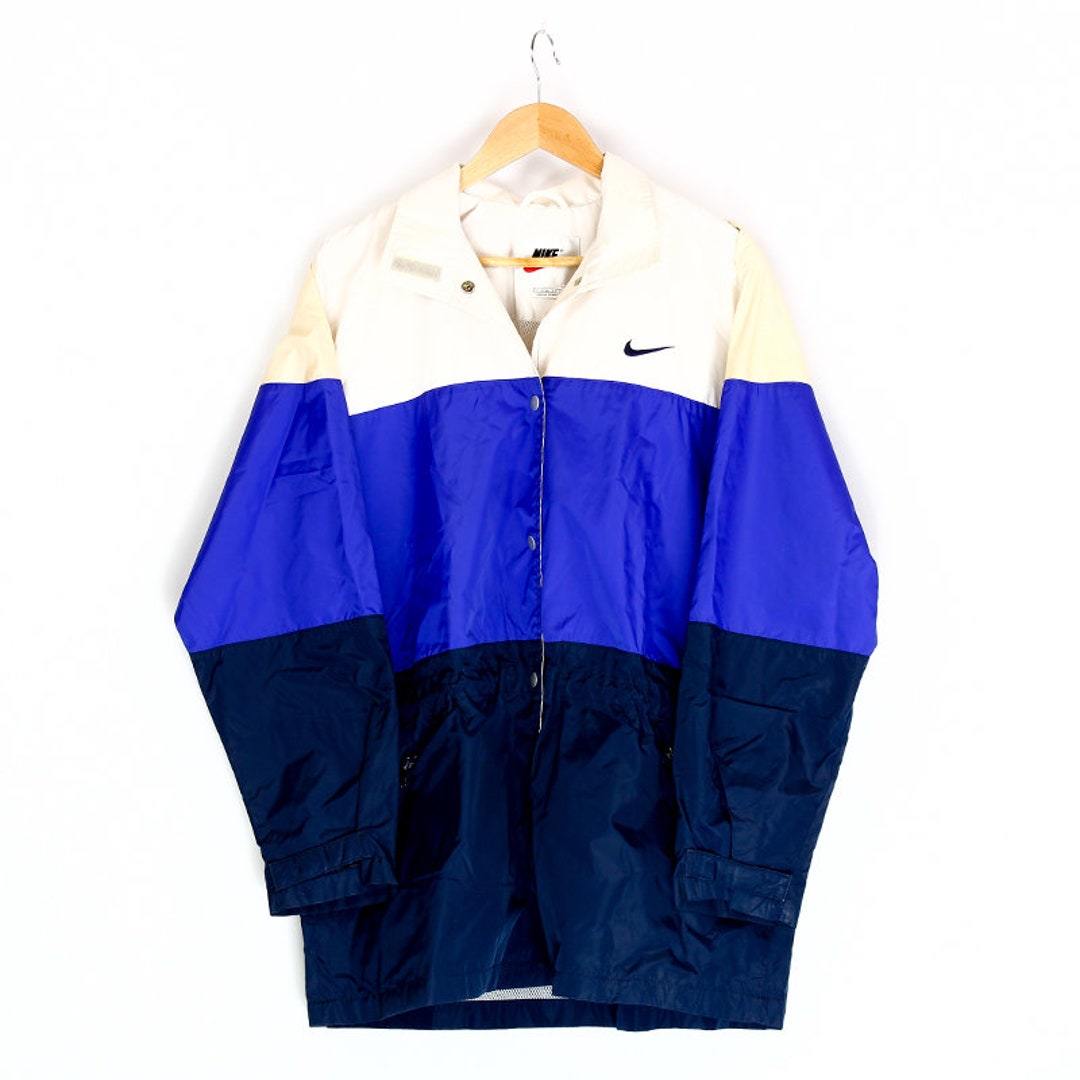 90s Vintage Men's NIKE Coach Coat Windbreaker Size L Blue Navy