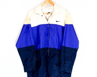 90s Vintage men&#39;s NIKE Coach Coat Windbreaker Size L blue navy blue gold athletic jacket rare running streetwear