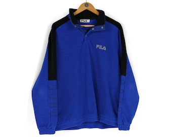 Vintage Herren FILA 1/4 Knopf blauer Fleecepullover Größe L Retro-Winterstil, hergestellt in Italien