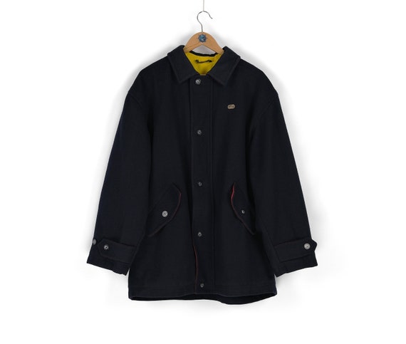 90s Vintage Men's LACOSTE Navy Blue Wool Coat Jacket Size 52