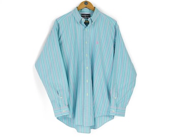 Vintage men's RALPH LAUREN striped blue turquoise button down shirt Size L oxford collared
