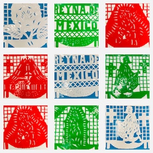 May include: Nine colorful paper cutouts with intricate designs. The cutouts feature a variety of patterns, including flowers, geometric shapes, and a church. The text "REYNADE MEXICO" is visible on three of the cutouts.