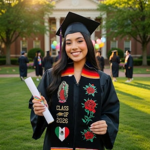2026 Graduation stole/sash Virgen de Guadalupe with flowers Virgen Mary  Sashes Virgen de Guadalupe, RED ROSES