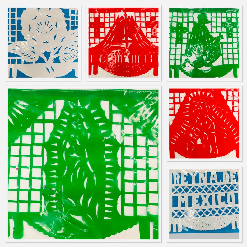 May include: A set of six colorful paper banners with intricate cut-out designs. The banners feature a variety of patterns, including flowers, geometric shapes, and a design that says "REYNADE MEXICO".