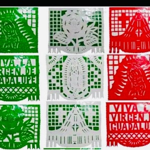 Tricolor/ Señora de Guadalupe Plástico PLASTICO Papel Picado Banner, Decoración de fiesta de banner/ Fiesta de México, Día de la Virgen.  Diciembre