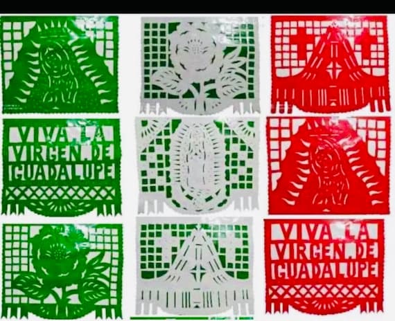 Tricolor/ Lady of Guadalupe  Plastic PLASTICO Papel Picado Banner,  Banner  fiesta decoration/ Mexico party, Día de la Virgen.  Diciembre
