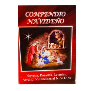 May include: A rectangular card with a red border and a dark red background. The card features an illustration of the Nativity scene with Mary, Joseph, and baby Jesus. The text "COMPENDIO NAVIDEÑO" is at the top.