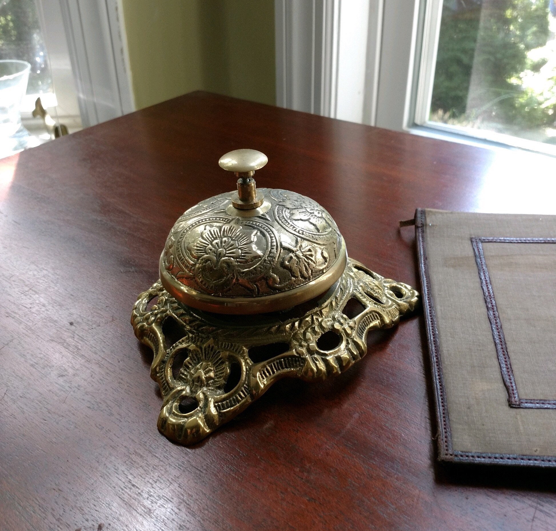 Antique Brass Hotel Bell With Flower Design - Anthologist