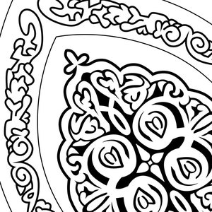 May include: Black and white intricate design with a floral motif. The design is symmetrical and features a central circle surrounded by smaller circles and swirls.