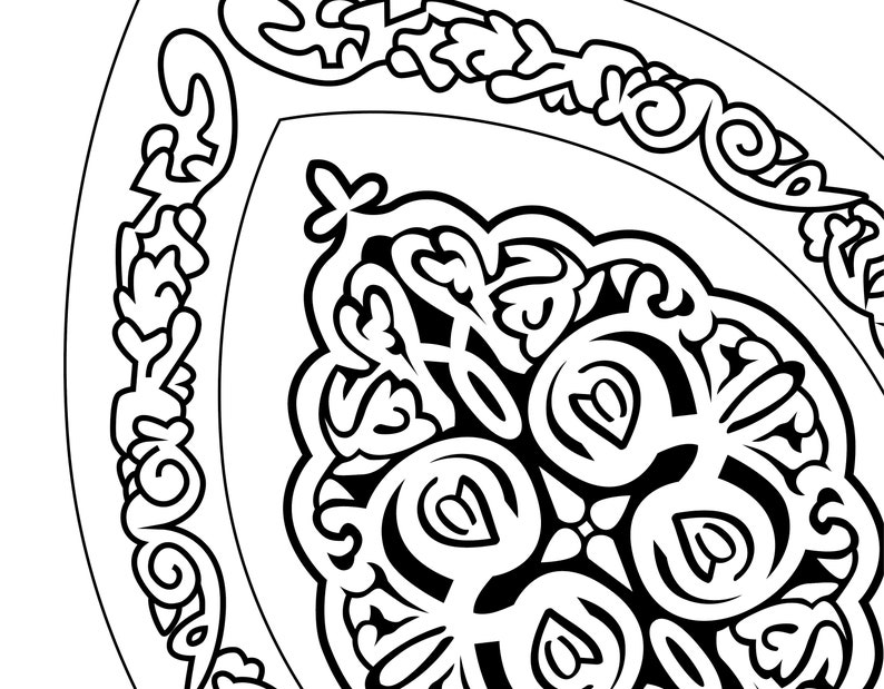 May include: Black and white intricate design with a floral motif. The design is symmetrical and features a central circle surrounded by smaller circles and swirls.