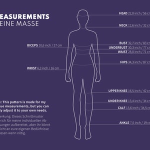 May include: A line drawing of a female figure with measurements in inches and centimeters labeled on different parts of the body. The text "Measurements Meine Masse" is at the top of the image.