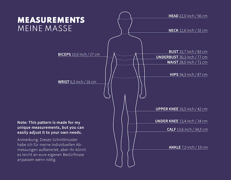 May include: A line drawing of a female figure with measurements in inches and centimeters labeled on different parts of the body. The text "Measurements Meine Masse" is at the top of the image.