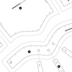 May include: A black and white sewing pattern with instructions for making a garment. The pattern includes pieces labeled "Vorderteil/Front", "Unterteil/Bottom", and "Seitenteil/Side Panel Left".