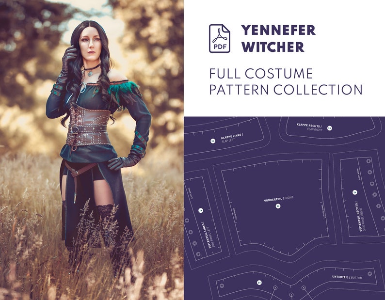 May include: A digital PDF pattern collection for a full costume inspired by Yennefer from The Witcher. The pattern includes multiple pieces, including a skirt, bodice, and sleeves.