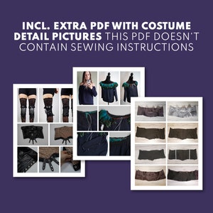 May include: Three pages of images showing details of a costume. The first page shows a black corset, black and white leg warmers, and black gloves. The second page shows a black sweater with a teal and green feather trim. The third page shows a brown and black fabric belt.