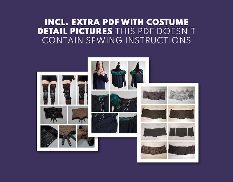 May include: Three pages of images showing details of a costume. The first page shows a black corset, black and white leg warmers, and black gloves. The second page shows a black sweater with a teal and green feather trim. The third page shows a brown and black fabric belt.
