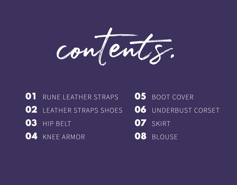 May include: A list of clothing items with numbers and descriptions. The items include rune leather straps, leather straps shoes, hip belt, knee armor, boot cover, underbust corset, skirt, and blouse.