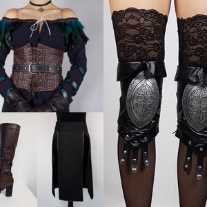 May include: A black skirt with a brown leather corset, brown leather boots, and black leather knee-high stockings with silver accents.