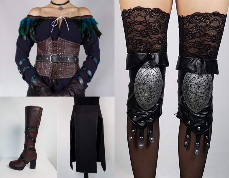 May include: A black skirt with a brown leather corset, brown leather boots, and black leather knee-high stockings with silver accents.