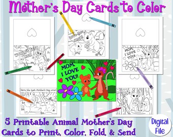 Mother's Day Printable Cards - 5 Animal Mother's Day Cards for Kids to Color - Cute Coloring Cards - DIY Color Your Own Unique Cards