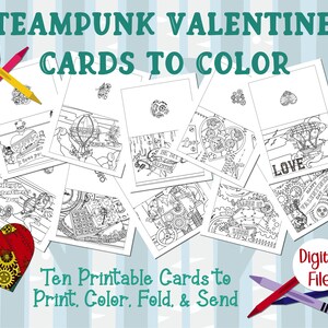 Steampunk Love Valentinstagskarten zum Ausmalen - 10 druckbare Karten für Kinder + Erwachsene - DIY-Karten zum Ausmalen - Digitale Datei