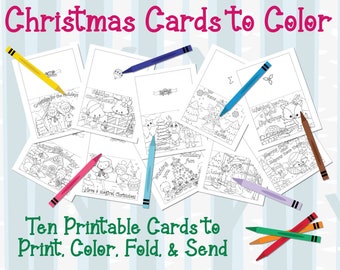 Christmas Coloring Cards- 10 Printable Holiday Cards for Children to Color - Great Kid's Activity - DIY Color Your Own Unique Cards