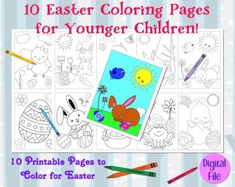 Easter Coloring Pages - 10 Printable Pages - Good for Younger Children Toddlers - Bunny Rabbits Chicks Easter Eggs Flowers - Digital File