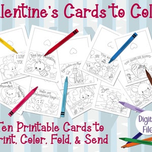 Valentine's Day Coloring Cards- 10 Printable Animal Cards for Kids to Color - Great Children's Activity - DIY Color Your Own Unique Cards