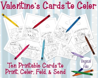 Valentine's Day Coloring Cards- 10 Printable Animal Cards for Kids to Color - Great Children's Activity - DIY Color Your Own Unique Cards