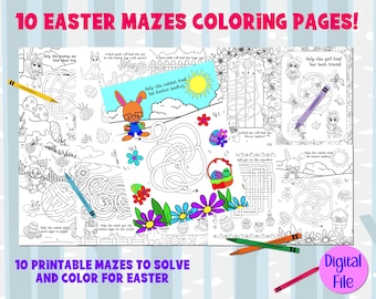 Easter Maze Coloring Pages - Printable Mazes for Kids - 10 Pages - Digital File - Easter Coloring Puzzle Activity
