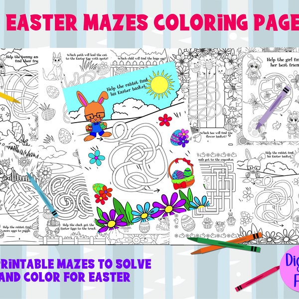 Easter Maze Coloring Pages - Printable Mazes for Kids - 10 Pages - Digital File - Easter Coloring Puzzle Activity